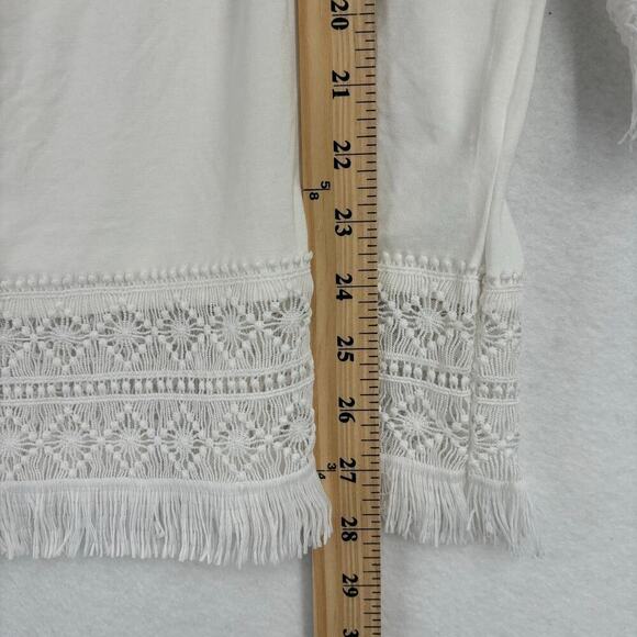 Chico's Stretch Knit Blouse Top Boat Neck Crochet Fringe Lace Trim White Size L - Picture 9 of 11
